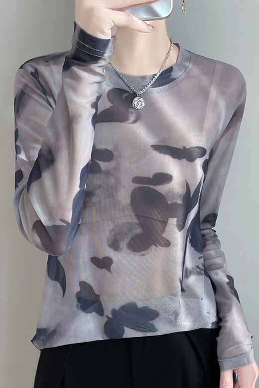 百媚生 圆领修身短款晕染印花网纱T恤YT-A62 商品图9