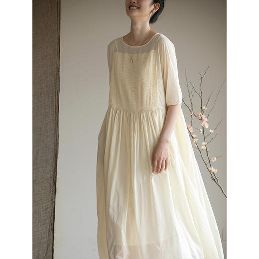 牧衣游原创100支纯棉打条连衣裙新品轻薄飘逸宽松气质长裙 秦桑曲 商品图3