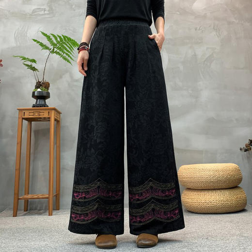 雀说新款文艺民族绣花提花重工刺绣复古裤子宽松阔腿裤长裤AL34044 商品图6