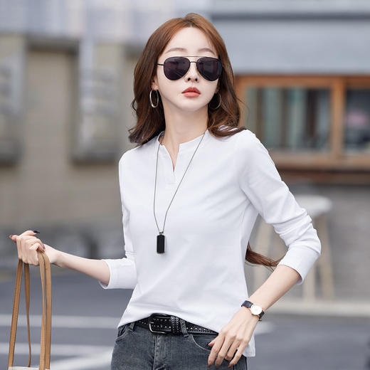 百媚生 棉质V领长袖T恤打底气质上衣6611 商品图1
