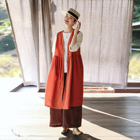 绽放旅行女装158朵/亚麻开襟收腰A摆V领宽松休闲舒适透气背心裙