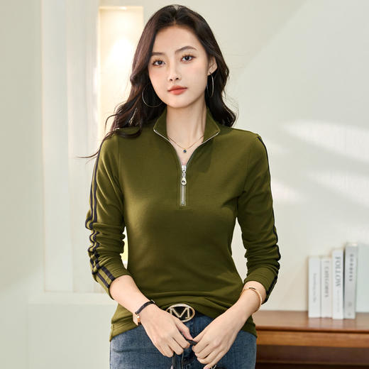 百媚生 早春澳绒拉链立领修身长袖T恤6603 商品图3