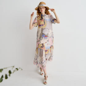 谜底连衣裙短袖女2025夏新品复古风度假印花宽松A型长裙252ML0697