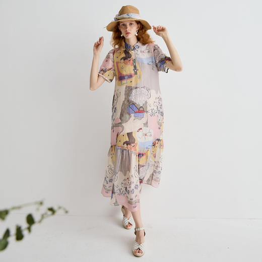 谜底连衣裙短袖女2025夏新品复古风度假印花宽松A型长裙252ML0697 商品图0