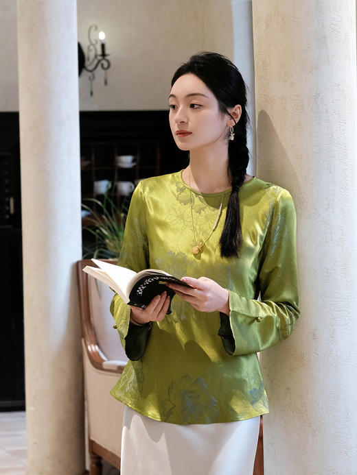 盛唐婧 |真丝牡丹提花修身国风上衣-绿色 商品图0