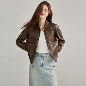 25春新款pu皮衣翻领复古外套女流行短款抽绳港风夹克上衣！