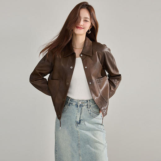 25春新款pu皮衣翻领复古外套女流行短款抽绳港风夹克上衣！ 商品图0