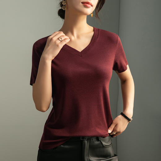 百媚生 短袖T恤女桑蚕丝V领夏季莱赛尔天丝凉感打底衫上衣R6805 商品图2