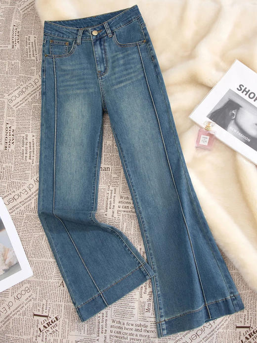 百媚生 复古高腰牛仔裤喇叭裤长裤256 商品图5