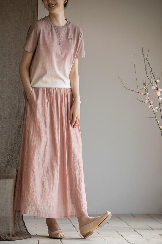 牧衣游原创手工刺绣丝棉半裙松紧腰宽松肌理感质朴百搭A字裙 醒椿 商品图5