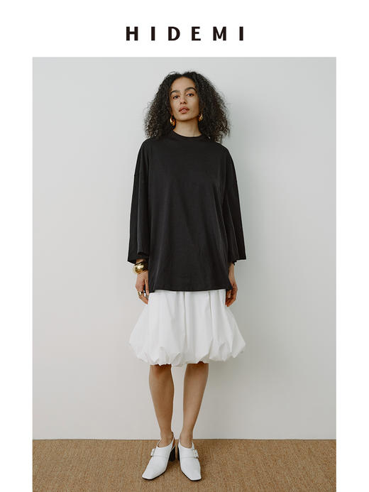 HIDEMI 极简圆领大廓形进口自然棉纱线中长款套头九分袖T恤 黑色/浅花灰/蛋奶米黄/自然白 商品图11