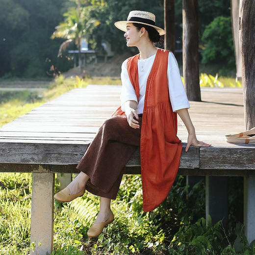 绽放旅行女装158朵/亚麻开襟收腰A摆V领宽松休闲舒适透气背心裙 商品图1