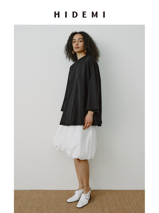 HIDEMI 极简圆领大廓形进口自然棉纱线中长款套头九分袖T恤 黑色/浅花灰/蛋奶米黄/自然白 商品图12