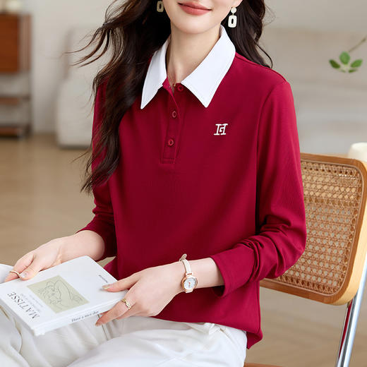 雀说高端长袖t恤女打底衫爆款洋气女装宽松翻领上衣AL10010 商品图0