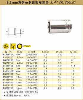 波斯 6.3mm系列公制镜面短套筒12mm BS368912