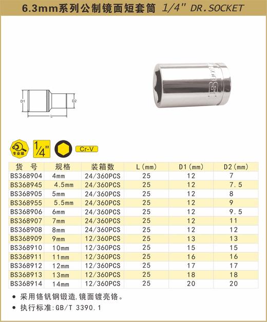 波斯 6.3mm系列公制镜面短套筒14mm BS368914 商品图0