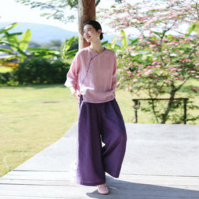 绽放旅行女装112朵/色织亚麻新中式斜襟系扣撞色边透气连身袖衬衫