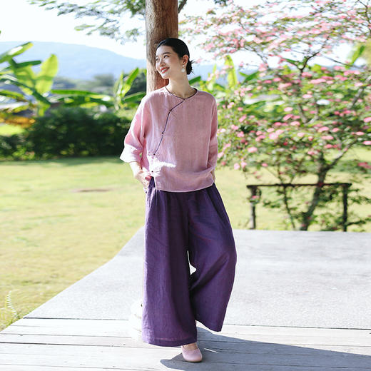 绽放旅行女装112朵/色织亚麻新中式斜襟系扣撞色边透气连身袖衬衫 商品图0