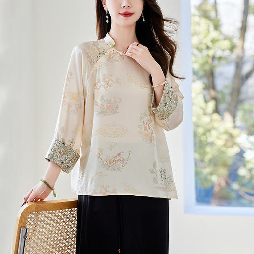 SM12497638新中式云锦拼接长袖立领盘扣桑蚕丝衬衫 商品图2