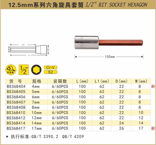 波斯   12.5mm系列六角旋具套筒12mm  长100mm    BS368412 商品图0