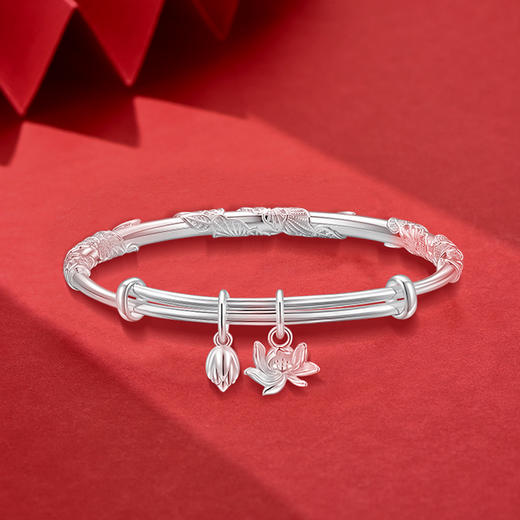 【999足银】卡蒂罗/KADER 国色芳华 繁花似锦两世欢手镯 好运莲莲新中式轻奢小众开口可调节古风素圈镯子 本命年蛇年 商品图4