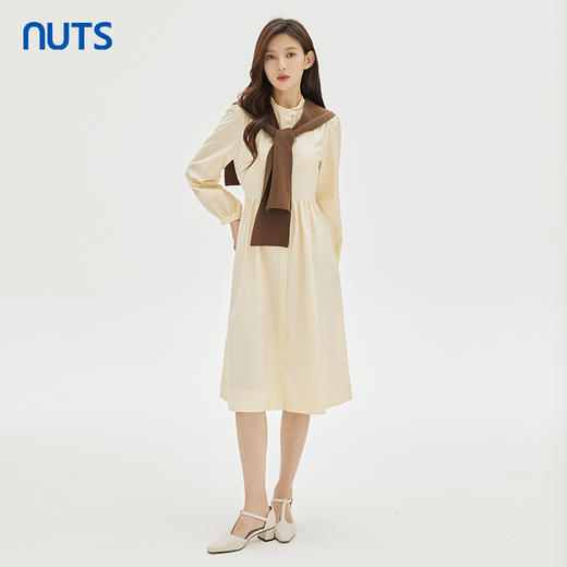 NUTS春秋新品纯色时尚温柔气质圆领长袖连衣裙333101166 商品图1