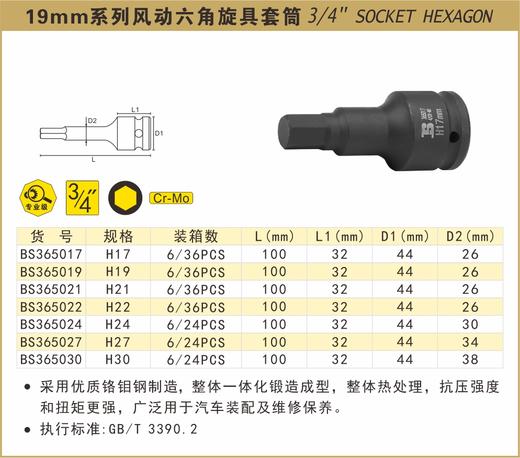 波斯 19mm系列风动六角旋具套筒  24mm BS365024 商品图0