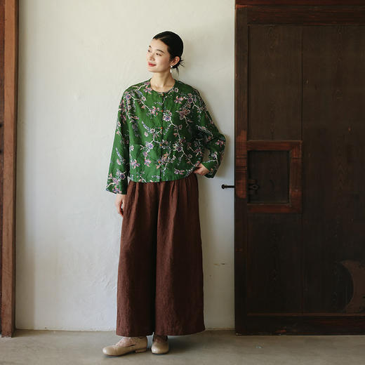 绽放旅行女装111朵/色织亚麻半腰松紧内加抽绳捏塔克褶透气阔腿裤 商品图3