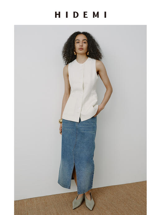 HIDEMI 水洗做旧猫须牛仔蓝开衩设计感H型半身裙 商品图2