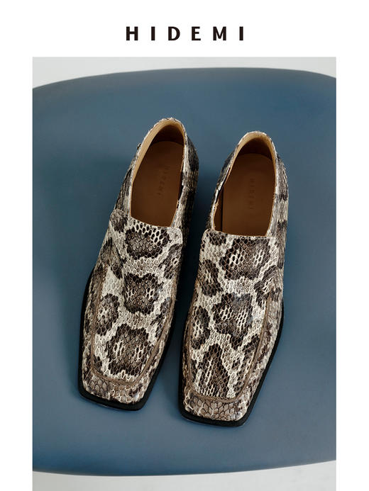 HIDEMI 进口顶级甄选蟒蛇皮极简方头都市设计感粗跟中跟皮鞋 商品图3
