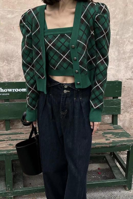 LNNNS 绿色格纹背心开衫两件套 17812 商品图0