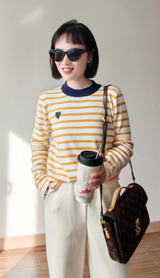 春天明媚刺绣爱心绵羊毛混纺棉针织条纹衫 商品图0