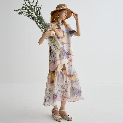 谜底连衣裙短袖女2025夏新品复古风度假印花宽松A型长裙252ML0697 商品图1