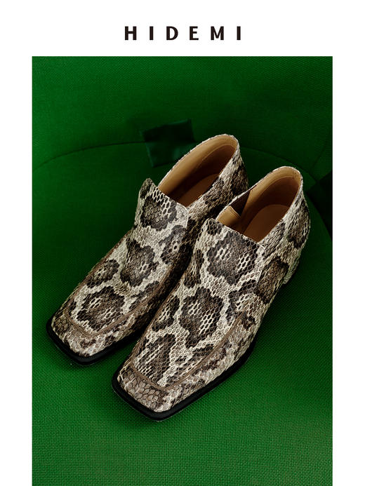 HIDEMI 进口顶级甄选蟒蛇皮极简方头都市设计感粗跟中跟皮鞋 商品图6