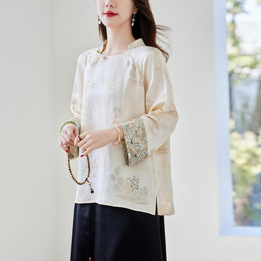 SM12497638新中式云锦拼接长袖立领盘扣桑蚕丝衬衫 商品图3