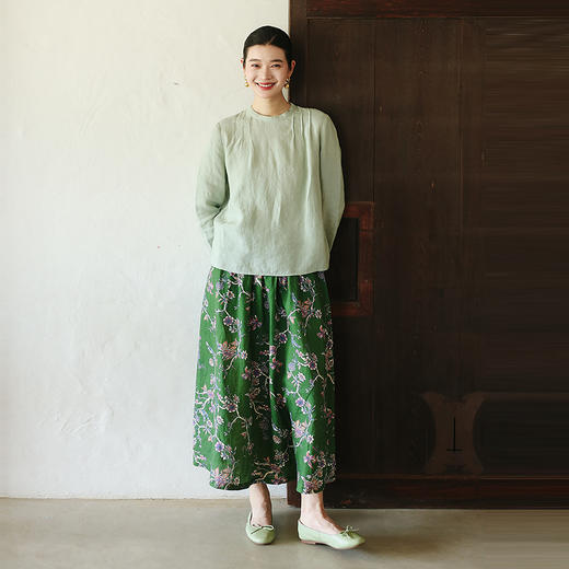 绽放旅行女装116朵/亚麻底印花全腰松紧内加抽绳显瘦A字摆半裙 商品图1