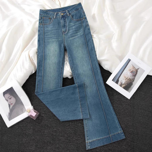 百媚生 复古高腰牛仔裤喇叭裤长裤256 商品图2