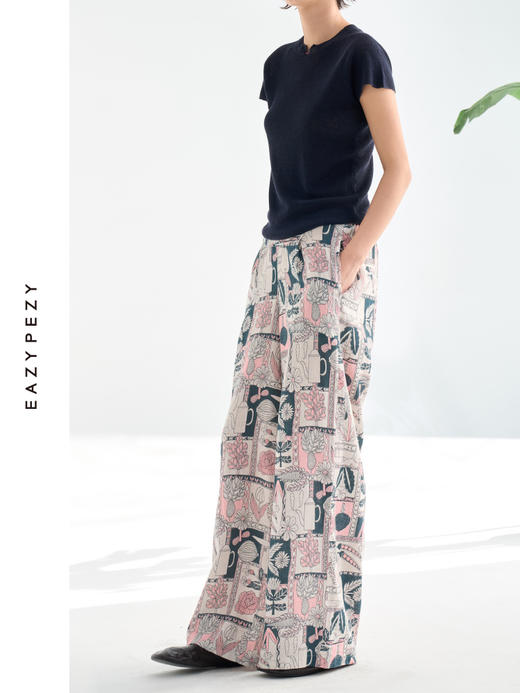 巴塞罗那的夏天亚麻印花阔腿裤 商品图2