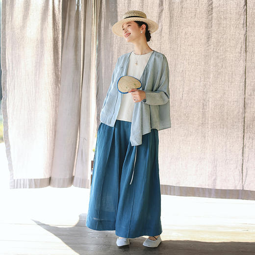 绽放215-216朵/天丝亚麻复古浅蓝搭配提花纹理经典新中式百搭套装 商品图3