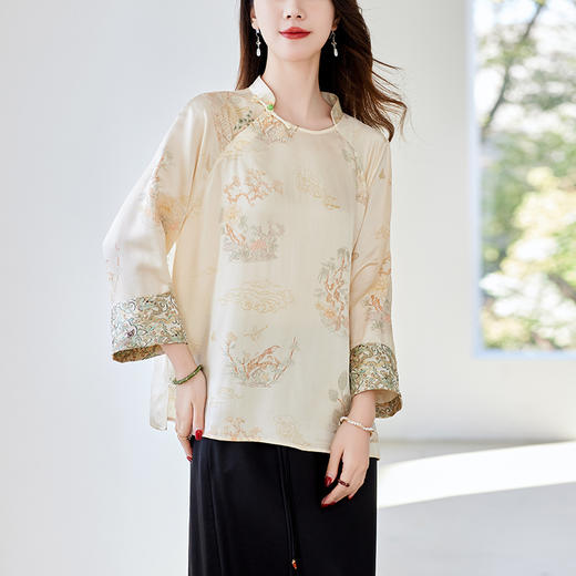SM12497638新中式云锦拼接长袖立领盘扣桑蚕丝衬衫 商品图0
