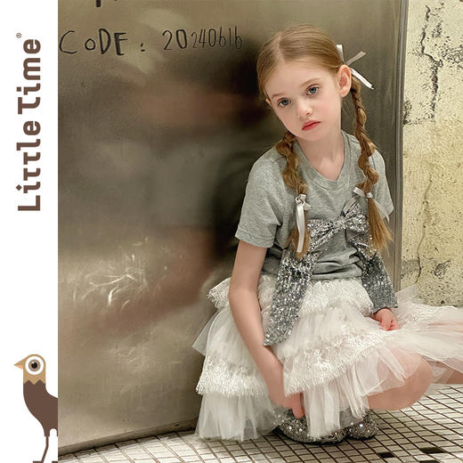 Littletime女童套装夏装2025新款儿童短袖T恤亮片蝴蝶结上衣套装 商品图2