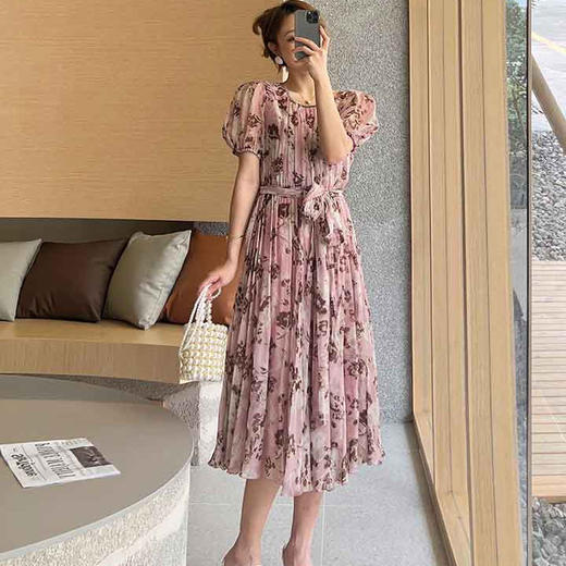 顺丰包邮洛诗琳64048夏季新款气质印花收腰大摆真丝连衣裙0099 商品图1