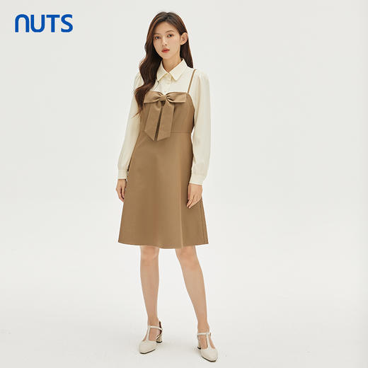 NUTS春秋新品时尚撞色优雅修身气质蝴蝶结长袖连衣裙333102128 商品图3