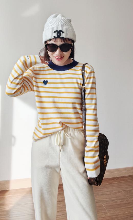 春天明媚刺绣爱心绵羊毛混纺棉针织条纹衫 商品图2