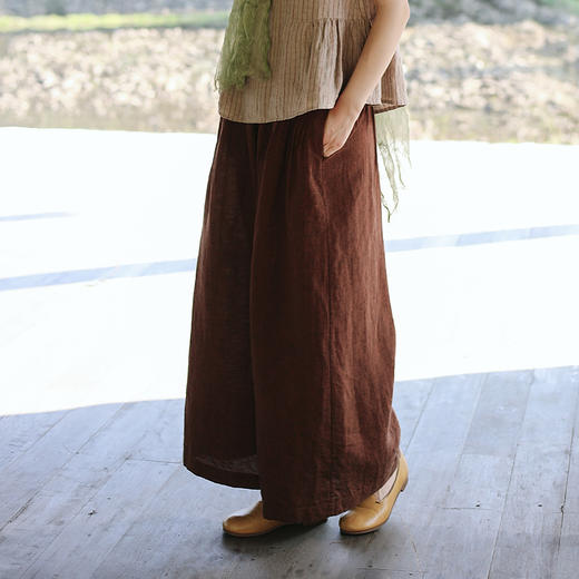 绽放旅行女装111朵/色织亚麻半腰松紧内加抽绳捏塔克褶透气阔腿裤 商品图1
