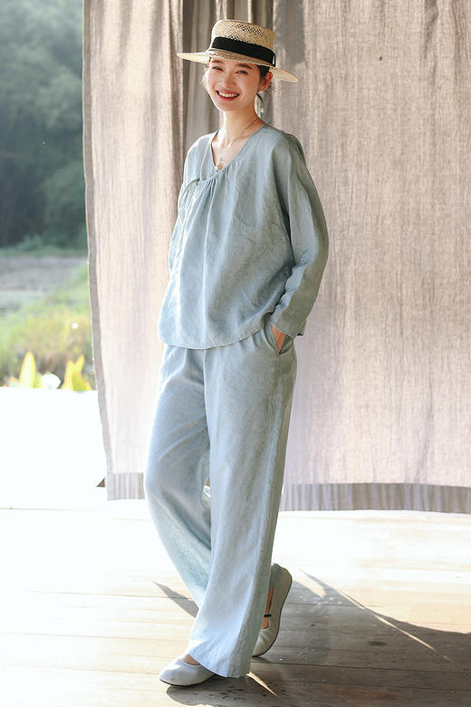 绽放215-216朵/天丝亚麻复古浅蓝搭配提花纹理经典新中式百搭套装 商品图5