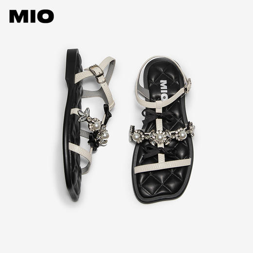 MIO米奥女鞋法式蝴蝶结T字带罗马鞋珍珠平底方头凉鞋M253131940 商品图3