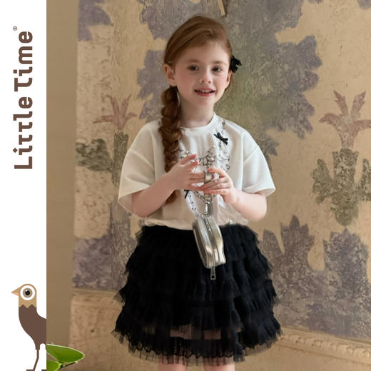 Littletime女童T恤2025春夏新款儿童卡通可爱洋气蝴蝶结珍珠短袖 商品图3