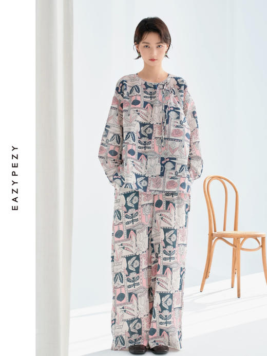 巴塞罗那的夏天丝棉印花圆领系带斜襟上衣 商品图0