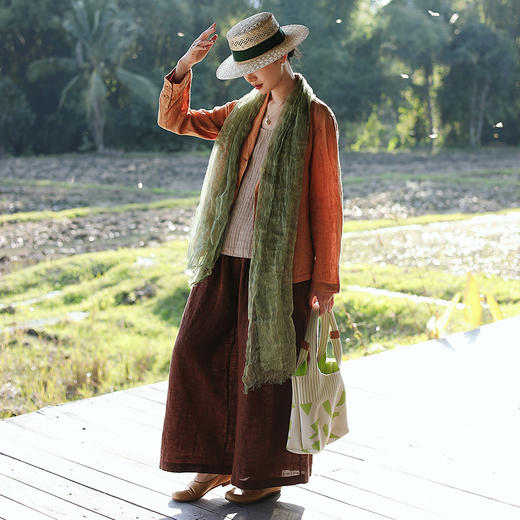 绽放旅行女装107朵/色织条纹亚麻圆领捏褶百搭显瘦透气背心吊带 商品图2